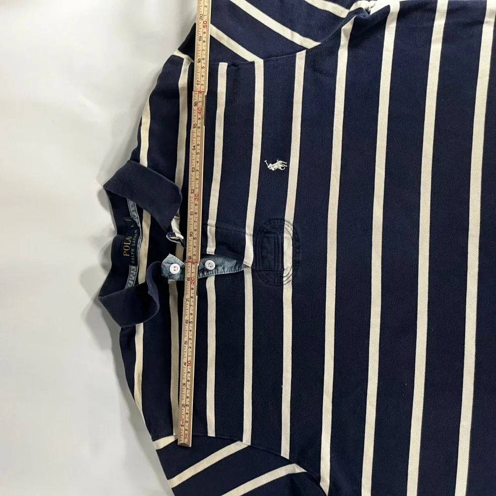 Polo Ralph Lauren Mens Large Navy White Striped Cotton Pique Short Sleeve Polo